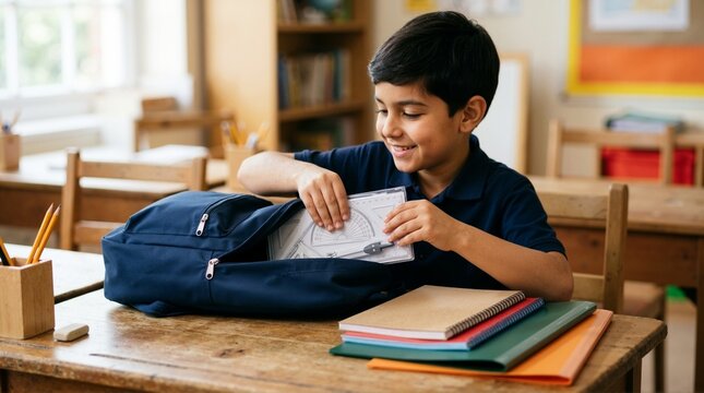 Smiling young boy packing a geometry set into a blue backpack at a school desk. Happy elementary student preparing for math class with notebooks