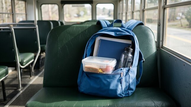 Open blue student backpack with school supplies on a bus seat. Packed lunch, water bottle, and notebooks inside a bag. Morning commute to school