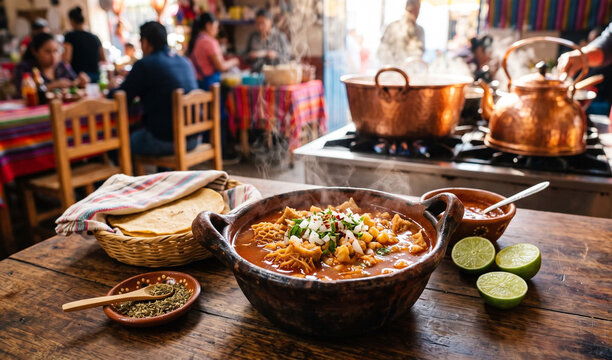 A rich steaming bowl of traditional Menudo soup in a heavy clay cazuela bowl on a wooden table, Deep red guajillo broth with tender tripe and hominy corn, accompanied by a basket of warm hand-pressed 