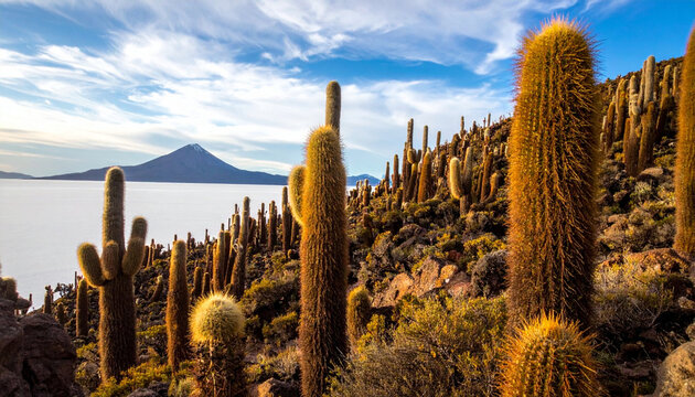 A panoramic view of giant cardon cacti (Echinopsis atacamensis) covering the rocky terrain of Incahuasi Island in the Salar de Uyuni salt flat, Bolivia, with a distant volcano under a blue sky.