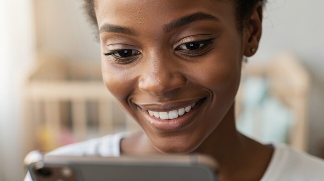 Young woman with beautiful smile looking at smartphone, indoor setting with cozy background, expressing joy and engagement in digital communication