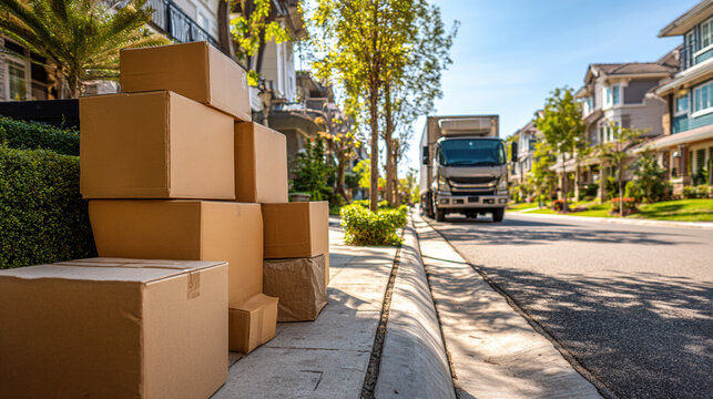 Moving Boxes Suburban Neighborhood Truck Relocation Residential Street Cardboard Packing Townhouse Sidewalk Autumn Sunny Day