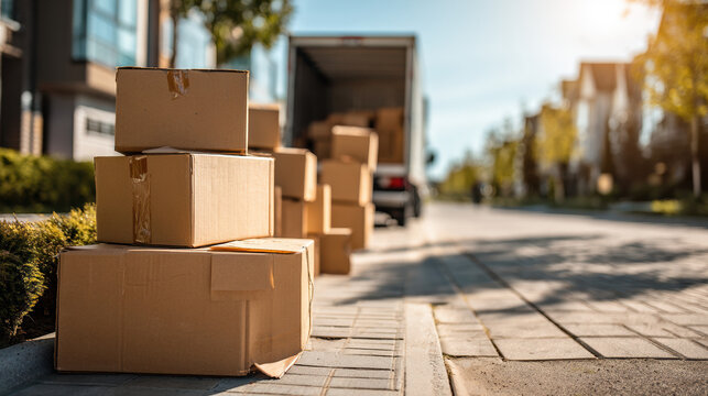 Moving Boxes Stacked Outdoor Relocation Truck Delivery Cardboard Packing Residential Sidewalk Household Move Sunny Day