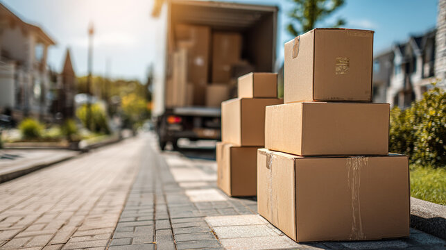 Moving Boxes Delivery Truck Cardboard Package Relocation Shipping Residential Street Sunlight Home Suburban