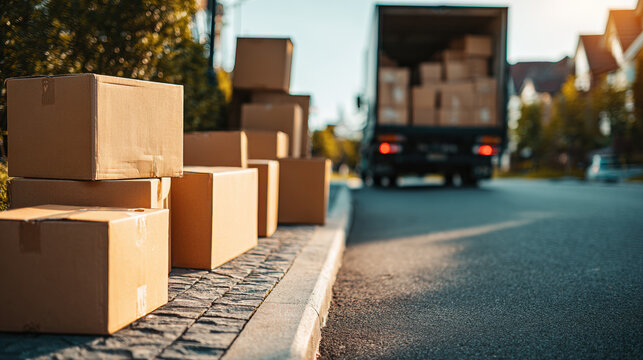 Moving Boxes Delivery Truck Cardboard Package Relocation Shipping Residential Street Sunlight Home Suburban