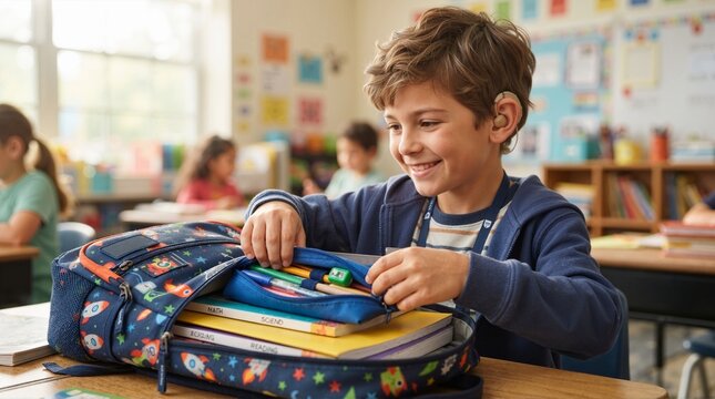 Smiling young boy with a hearing aid packing his space themed backpack in a classroom. Inclusive education concept with student organizing school supplies