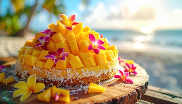 Exotic Mango Cake Decorated with Tropical Flowers on a Beach at Sunset