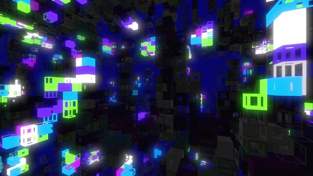 Futuristic neon illuminated cubes VJ seamless loop. Glowing blue, green, purple grid structure rotating. Digital animation.