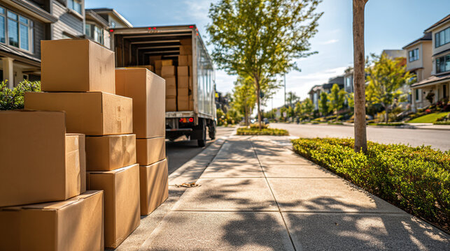 Moving Boxes Delivery Truck Cardboard Package Relocation Shipping Logistics Street Sunlight Home Transport