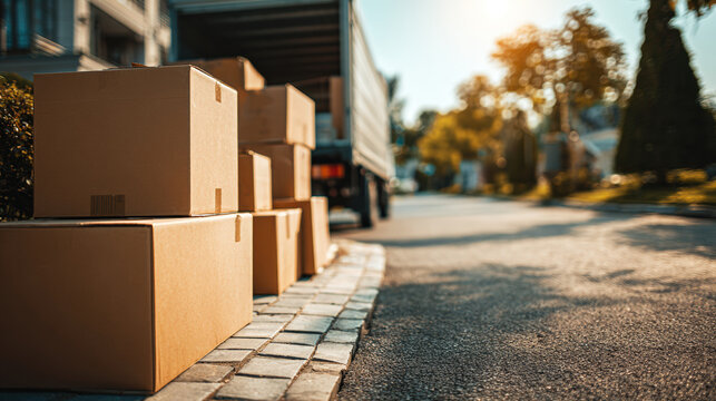 Moving Boxes Delivery Truck Cardboard Package Relocation Shipping Logistics Street Sunlight Home Transport