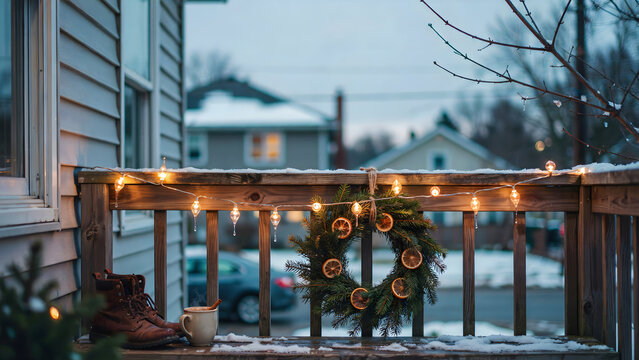 A christmas wreath with dried orange slices on a wooden porch railing with string lights and boots on a snowy day in front of a house