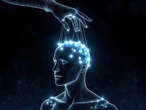 Wireframe hand controlling human brain technology manipulation