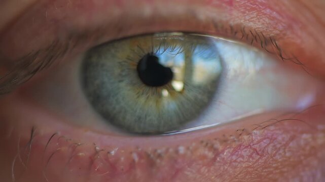 Extreme close up of human eye with blue green iris and black pupil showing reflection of sunlight and clouds.