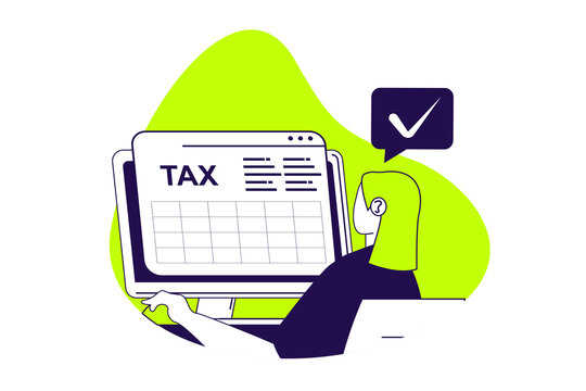 Accounting modern flat concept for web banner design. Woman planning payments of billing, analyzing earning income and inspecting financial balance. Illustration with isolated people scene.