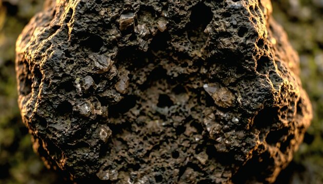 Macro top down view of dark porous volcanic basalt rock stone surface texture background