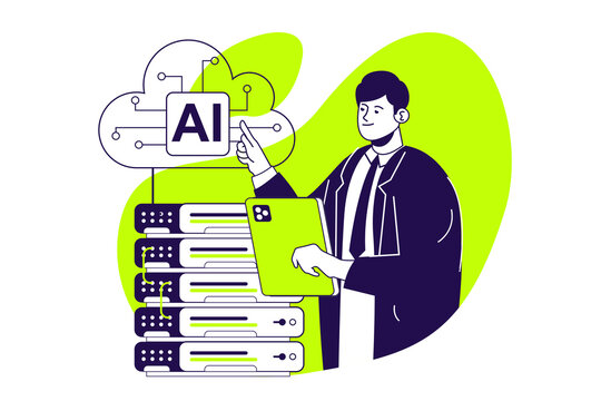 AI data center modern flat concept for web banner design. Man making data analysis and using artificial intelligence technology for cloud computing. Illustration with isolated people scene.