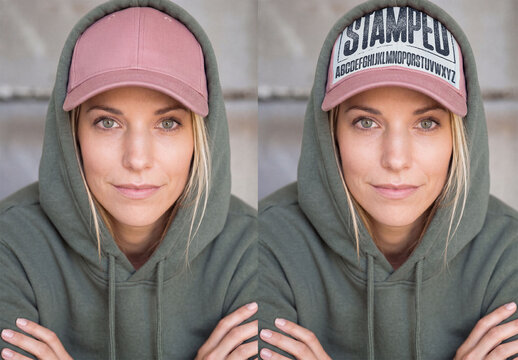 Mockup of Woman in Hoodie and Cap