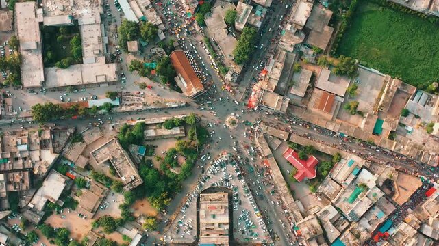 Drone Shot of Busy Fountain Chowk Traffic Circle in Raja Bazaar Rawalpindi Pakistan