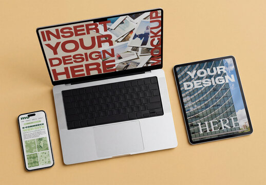 Mockup of tablet, laptop and smartphone on a desk