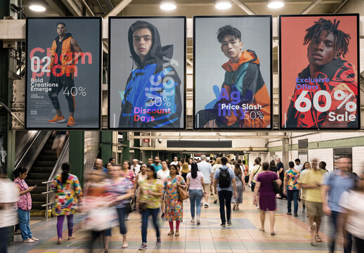 A crowded subway station shows many people walking by. Mockup of Screens hang above in a lively area