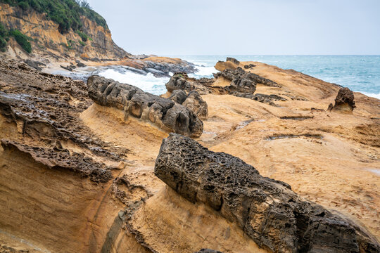 Scenic view of Yehliu park rock formation in Yehliu geopark in New Taipei Taiwan