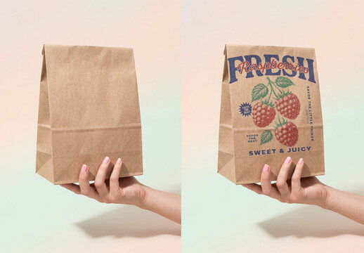 Mockup of Hand Holding a Brown take away Paper Bag