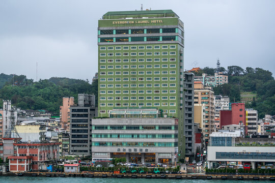 View of green building of Evergreen Laurel Hotel of Evergreen Group a Taiwanese conglomerate in Keelung harbor Taiwan