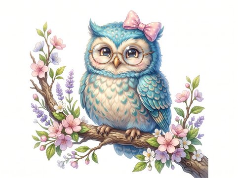 Cute blue owl with glasses and bow. Adorable bird illustration on a floral branch.