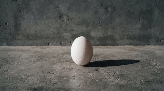 A single white chicken egg stands perfectly balanced on a rough grey concrete surface with a dramatic long shadow against a weathered industrial cement wall in a minimalist composition