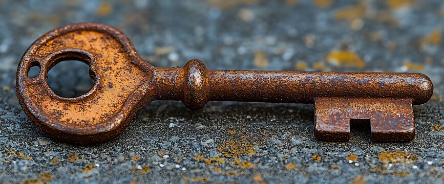 Rusty old key on ground, outdoor background