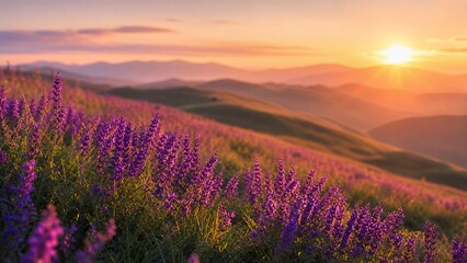 Fototapeta premium Wildflower Hillside at Sunset with Rolling Travel Landscape