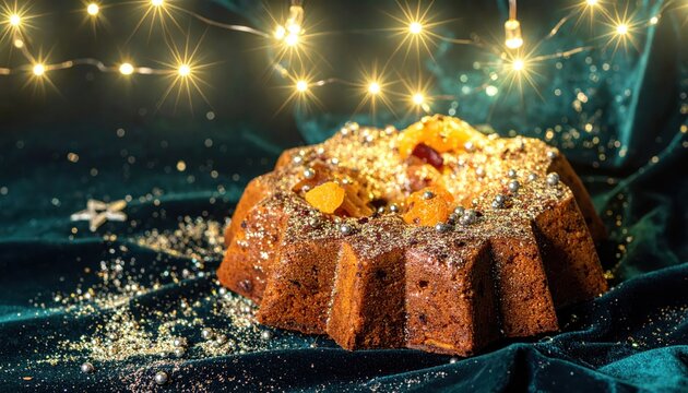 Festive bundt cake with dried fruit and edible glitter, decorated with sparkling fairy lights on dark green velvet cloth for a holiday celebration