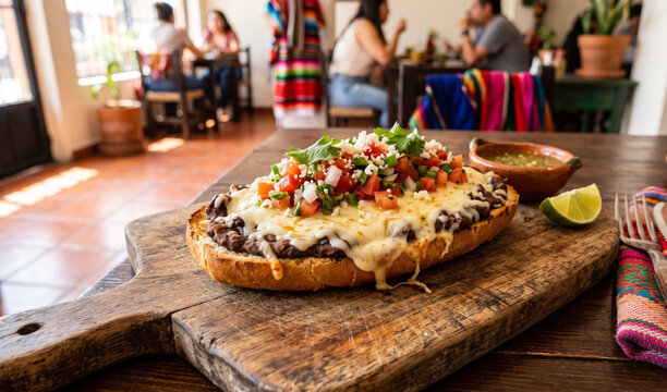 A rich open-faced Mexican Mollete on a rustic wooden cutting board, Toasted bolillo bread roll spread with seasoned refried black beans and bubbling melted Oaxaca cheese, topped with fresh colorful pi