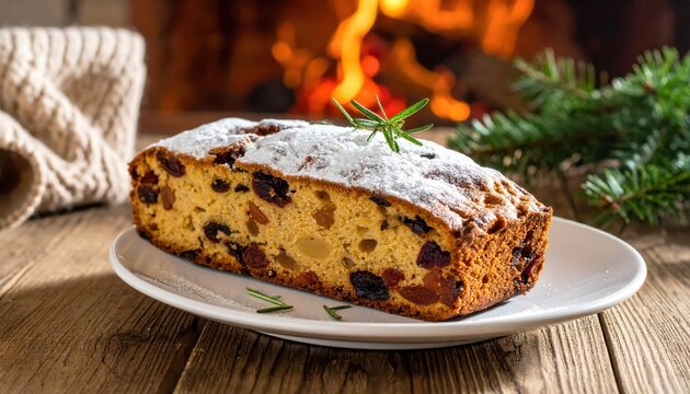 Festive Christmas fruitcake dusted with powdered sugar, served on a plate by a warm fireplace and decorated with pine needles
