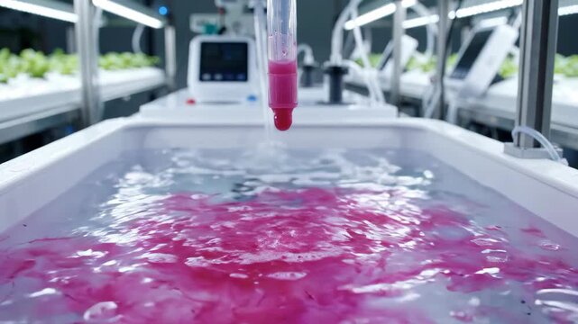 Pink liquid dripping from plastic tube into water tank in indoor hydroponic farm with plants growing under LED lights in laboratory environment