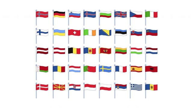European country flags fluttering on flagpoles 2D cartoon cliparts animation set. International relations. EU member states. Tricolor and bicolor animated flat 4K video pack on transparent background