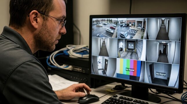 A Diligent Security Professional Meticulously Monitoring Multiple CCTV Surveillance Feeds on a Digital Display in a Modern Control Room Environment