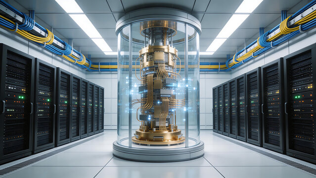 Server room with central quantum computer