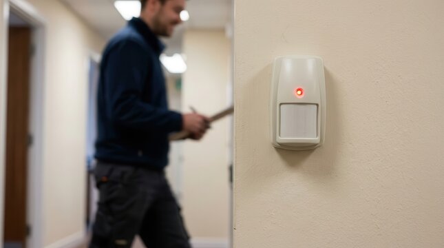 Modern Infrared Motion Sensor Mounted on Office Wall with Technician Walking in Background for Professional Security System Maintenance and Surveillance Monitoring in Commercial Facilities