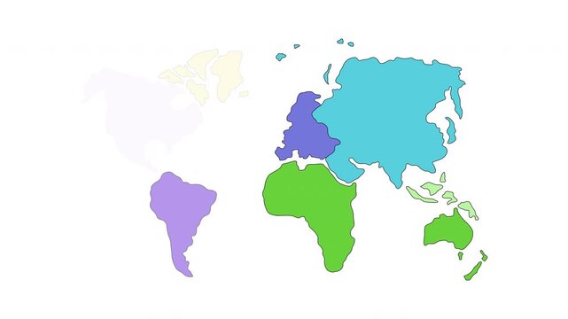 World continents map cartoon animation. Global education. America and Europe boundaries. Asia and Africa silhouettes. Geographic landmass animated flat 2D object 4K video on transparent background