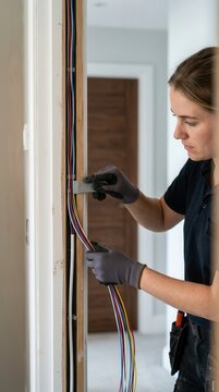 Electrician Installing Complex Wiring Systems in Residential Door Frame During Home Renovation Project