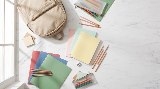 School supplies and backpack flat lay on white marble desk with copy space