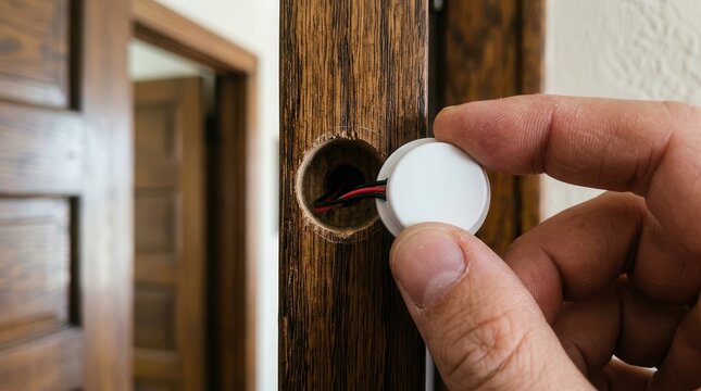 Precision Installation of a Smart Home Sensor into a Wooden Door Frame for Enhanced Security and Modern Automated Living Integration