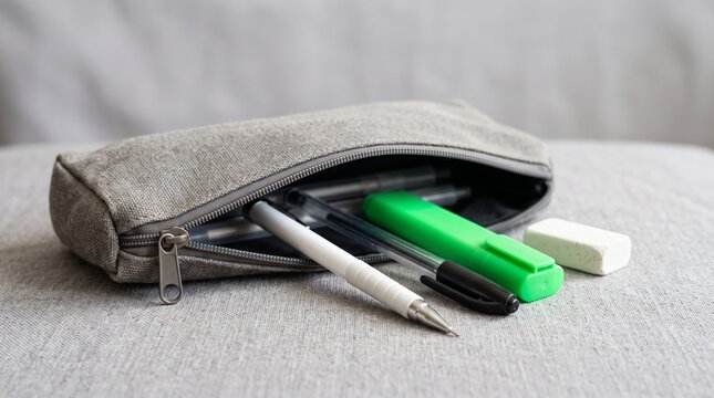 Grey fabric pencil case with pens and green highlighter on textured surface