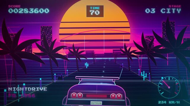 Arcade racing car accelerates through a neon palm city with score, timer and speed graphics in a cinematic 80s game animation for entertainment advertising.