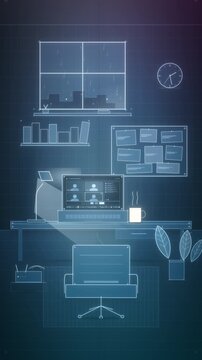 Cozy remote-work desk with laptop video call, steaming mug, rainy window and task board glows in a vertical animation for business and productivity campaigns.