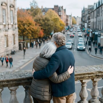 Older couple embracing on city balcony with autumn trees and traffic view