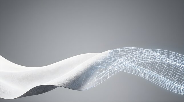 Abstract flowing fabric wave with digital wireframe mesh on grey background
