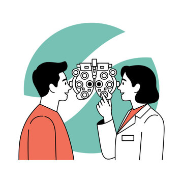 Optometrist performing eye exam with phoropter for patient, phoropter