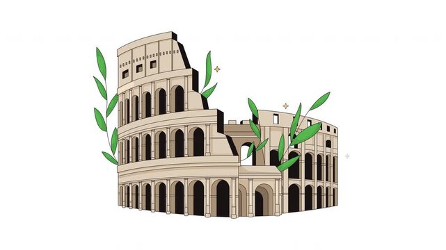 Ancient Roman Colosseum landmark cartoon animation. Historic monument. Amphitheater in Italy. Classical architecture with foliage animated flat 2D object 4K video isolated on transparent background